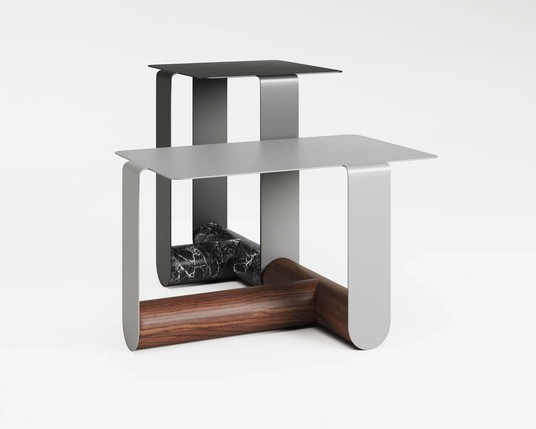 Modern multi-layered side table featuring a sleek black metal top, a silver surface, and a sturdy wooden base with marble accents.