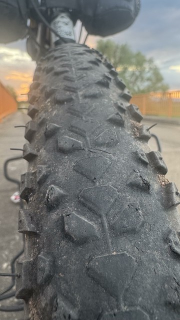 Eine Nahaufnahme eines robusten Fahrradreifens, der sein strukturiertes Laufmuster zeigt. Der Hintergrund zeigt eine verschwommene Landschaft mit Bäumen und einem Hauch von Sonnenuntergangsfarben.