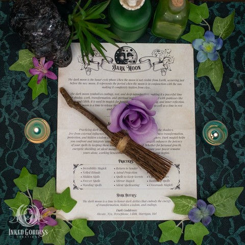 A page of black text is printed on a piece of antiqued paper and laid flat on a lace-covered surface. Its title is "Dark Moon" and is meant to be incorporated into a Book of Shadows or other journal. It details some information about the Dark Moon phase as well as Dark Moon practices and deities. This is an exclusive product from Inked Goddess Creations.