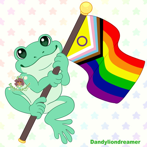 a green frog holding on happily to the intersex inclusive progress pride flag