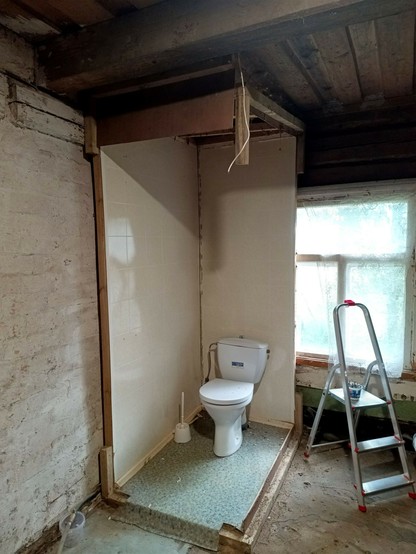 Half a toilet cubicle with a toilet standing in it. A cable dangles from the ceiling and a ladder stands with a plastic tub to collect reclaimed screws.