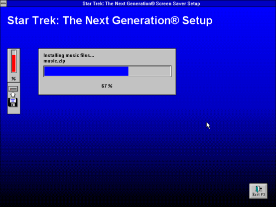 Installing the StarTrek TNG screensavers on WFW 3.11... at 67% fiinished.