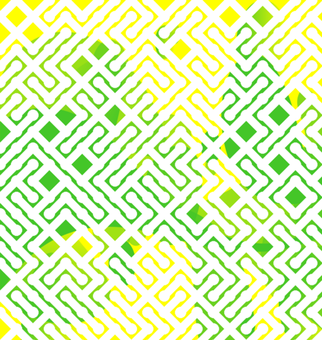 A colorful maze, generated using the 10print method. Picture generation details: screen height: 1055, screen width: 1001, primary background color #FFFF00, primary line color: #FFFFFF, using gradient mask mask36.png, gradient background color #44C628, square: 51, width: 26, radiusB: 17, radiusW: 26, effect: 14