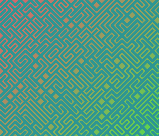 A colorful maze, generated using the 10print method. Picture generation details: screen height: 965, screen width: 1127, primary background color #D1696C, primary line color: #2E9693, using gradient mask mask23.png, gradient background color #5DD350, square: 36, width: 17, radiusB: 8, radiusW: 17, effect: 4