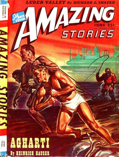 Three muscular young men wearing briefs are straining against ropes as they pull a plough across a field, being whipped by a masked figure in red.
Amazing Stories magazine cover from 1946.