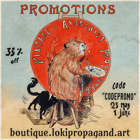 Affiche de style Belle Époque avec un ragondiable artiste qui annonce des promotions de 33% sur la boutique artisanale. Au pied du chevalet et du tabouret du ragondin, il y a un petit chat noir qui se frotte.