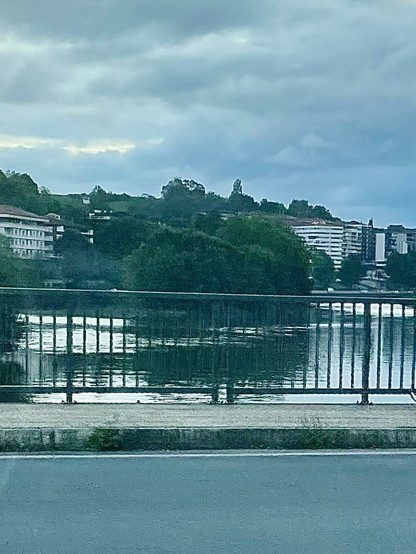A view of a river bordered by a fence, with buildings and lush greenery in the background under a cloudy sky.