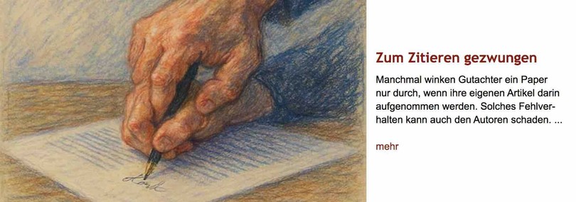 Impressionistisches Gemälde von einer Hand, die eine andere Hand mit Stift beim Schreiben auf einem Blatt Papier umklammert und führt. rechts daneben Überschrift "Zum Zitieren gezwungen" des im Post verlinkten Artikels, gefolgt von dessen Vorspann.