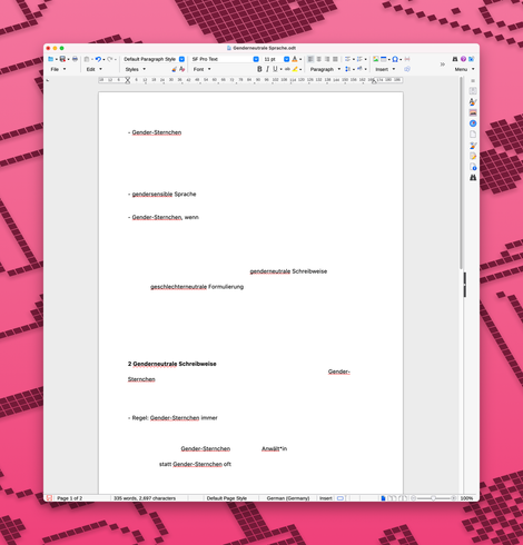 Screenshot von LibreOffice Writer 25.2.3 unter macOS. Die automatische Rechtschreibkorrektur hat im geöffneten Dokument alle Begriffe zum Thema genderneutrale Sprache rot unterstrichen, unter anderem Gender-Sternchen, gendersensibel, genderneutral und geschlechterneutral.
