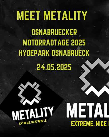 Grafik mit Text. Meet Metality. Osnabrücker Motorradtage 2025 – Hyde Park Osnabrück. 24.05.2025