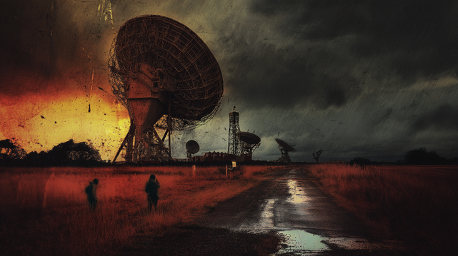 Le Signal n’a jamais disparu.
Deux silhouettes solitaires approchent d’une gigantesque antenne radio sous une pluie froide, dans un paysage rougeoyant et crépusculaire.
Two lone figures approach a massive radio dish under cold rain, in a glowing twilight landscape.