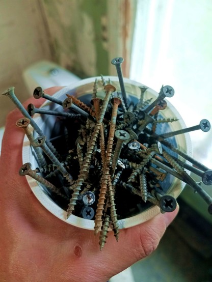 A mascarpone bucket full of wood screws. They're mostly gray with some rust on them. The heads are countersunk Philips, although the Pozidriv bit gripped them better than the Philips, so perhaps they're unmarked Pozidrivs, something I've seen on a lot of Chinese eqipment.