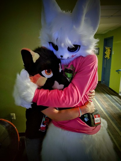 Two fursuiters in an embrace, one is in a fursuit made to resemble the cat from the "boykisser" memes.