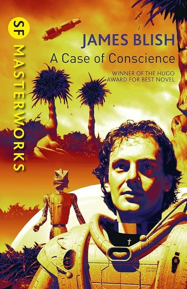 A Case of Conscience by James Blish features striking, detailed artwork rendered in a dramatic palette dominated by intense yellows, oranges, reds, and purples, suggesting an alien, otherworldly environment. In the foreground is a clearly depicted human male character wearing a futuristic spacesuit, visually striking in detailed textures, shadows, and contours. He appears thoughtful, possibly conflicted, looking slightly upward, his facial expression conveying introspection or concern. Notably, beneath his spacesuit collar is a black clerical shirt featuring a distinctive white clerical collar and a small silver cross.

Behind him stands an alien figure rendered clearly with detailed anatomy and attire. This figure is slender and reptilian, with finely textured skin, wearing garments reminiscent of ceremonial robes or armor, accentuating the cultural or ritualistic themes within the novel.

Further in the background are distinctive alien plants, tall with slender trunks and broad, umbrella-like tops, reinforcing the exotic setting. Above, a spacecraft floats through the golden sky, enhancing the futuristic and exploratory theme.

The author’s name, JAMES BLISH, appears prominently in large, uppercase blue letters contrasting against the fiery sky. Below this, the book title, "A Case of Conscience," is clearly displayed in smaller black lettering, accompanied by the text "WINNER OF THE HUGO AWARD FOR BEST NOVEL," emphasizing the novel's literary acclaim.