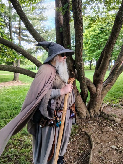 Middle-aged man with long grey beard and Gandalf the Grey style outfit with hat & staff wearing sunglasses standing in front of tree with many trunks in a park.