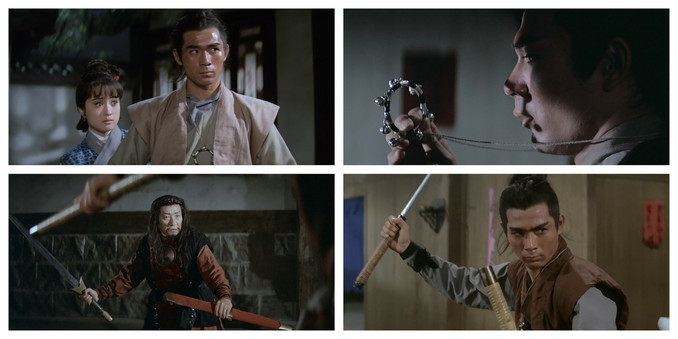 four film stills: head and shoulder framing of Ping Chin as Hsiang-hsiang standing just behind & Yi Chang as Chang Wei Fu in a courtyard; Yi Chang as Chang Wei Fu looks closely at a bangle with seven silver bells on it; Sheng Tien as Ying Tien poised with unsheathed sword at the ready; Yi Chang as Chang Wei Fu with his bamboo handled sword raised and at the ready for an off-screen adversary.