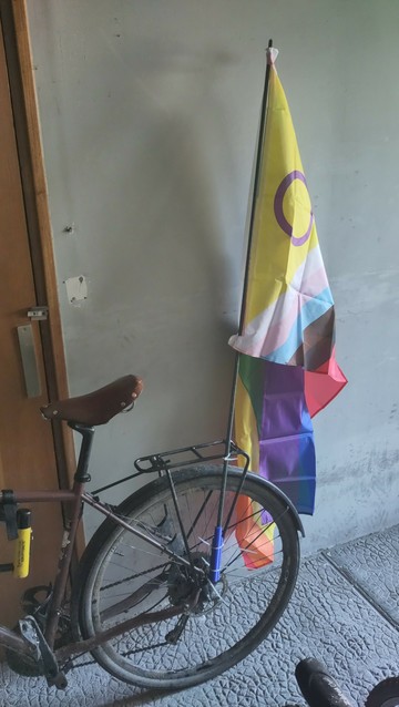 Vélo de rando avec un grand drapeau des fiertés LGBTQIA+ fixé au porte bagages à l'aide d'un support imprimé en 3D
