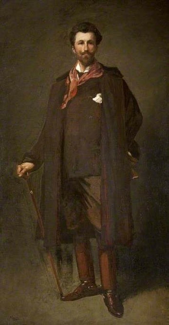 Portrait of Robert Bontine Cunningham Graham, Sir John Lavery. Oil on canvas, 1893. Kelvingrove Art Gallery and Museum. A full-length portrait of a man with dark curly hair, curled moustaches, and a pointed beard. He is dressed in brown, with a long overcoat and shiny knee-high leather riding boots. A reddish-pink scarf, loosely tied around his neck, provides a splash of colour. He holds a cane in his right hand, with his left held behind his back.