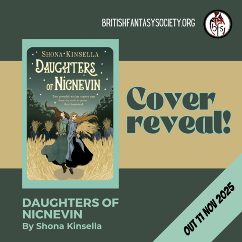 The background colours are dark green and beige, to match the colours of the cover of the novel Daughters of Nicnevin, by Shona Kinsella. The book cover features an illustration by Broci of two women in period dresses, standing in a corn field at night. In the background are human-like figures with heads of straw.