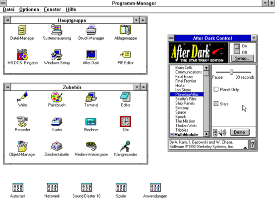 After Dark - The Star Trek Edition, Screen Saver for Windows 3.x.
A Screenshot from Windows for Workgroups 3.11.
