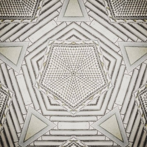 Kaleidoscopic view of an architectural drawing of a Greek monument