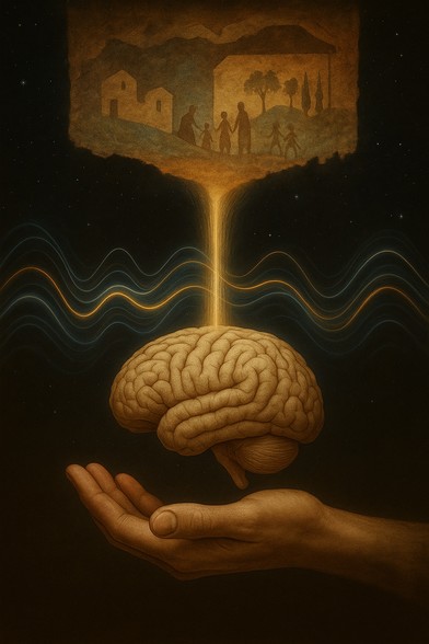 Dieses visuell tiefgründige Metapherbild illustriert auf symbolische Weise die Theorie der Ontologie der Schwingung. Im unteren Bildbereich ruht ein realistisch dargestelltes menschliches Gehirn in einer ausgestreckten Hand – als Zeichen für die Verbindung zwischen Bewusstsein, Körper und kosmischem Ursprung. Aus dem Gehirn erhebt sich ein goldener, leuchtender Energiekanal, der in eine darüberliegende Szene mündet: eine stilisierte, erdige Welt mit Häusern, Bäumen und Menschen – Sinnbild für die Realität, wie wir sie wahrnehmen.

Diese Szene scheint nicht objektiv „da draußen“ zu sein, sondern entsteht sichtbar aus dem Gehirn – als Konstruktion aus Schwingung, Resonanz und neuronaler Interpretation. Umgeben ist das Motiv von schwebenden Wellenlinien, die das alles durchziehende Schwingungsfeld darstellen.

Das Bild macht deutlich: Die Welt, wie wir sie erleben, ist nicht die Welt an sich, sondern ein Frequenzbild, das unser Gehirn aus Schwingung in Bedeutung übersetzt. Es ist ein künstlerischer Appell an Wissenschaft und Öffentlichkeit, Realität nicht länger als Substanz, sondern als Resonanzprozess zu verstehen.

⸻

Image Description – English:
This evocative metaphorical artwork visualizes the core idea of the Ontology of Vibration. At the bottom, a photorealistic human brain rests gently in an outstretched hand, symbolizing the link between consciousness, embodiment, and cosmic origin. Rising from the brain is a radiant golden energy beam that connects upward to a stylize