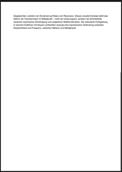 Gegebenheit, sondern ein Konstrukt auf Basis von Resonanz. Dieses visuelle Konzept stellt das Gehirn als Transformator im Mittelpunkt - nicht als Ursprungsort, sondern als Schnittstelle zwischen kosmischer Schwingung und subjektiver Weltkonstruktion. Die reduzierte Farbgebung in warmen Erdtönen mit blauen Lichtwellen erzeugt eine harmonische Verbindung zwischen Körperlichkeit und Frequenz, zwischen Materie und Metaphysik.🖖