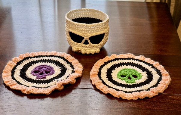 Crocheted Skull and brains coaster set! 2 coasters come together to create left and right hemispheres of the brain when folded!