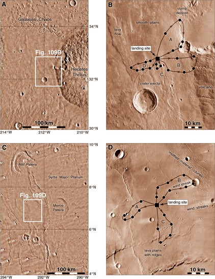 Four maps forming 2 pairs. The left map in each pair shows the context of the second, and the second shows a landing site and rover traverse for a project called Viking Rover. The top maps show a site near a large volcano in Elysium, the lower maps show a site on broad volcanic plains in Syrtis Major Planum. It would fly after the Viking missions.