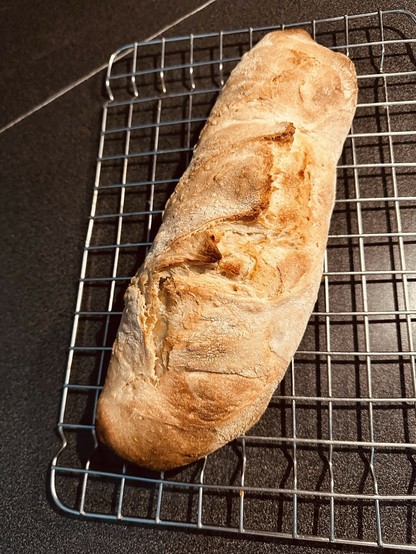 A loaf of crusty bread cools on a wire rack.