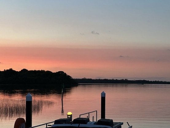 Abendrot am River Shannon. Man sieht einen Steg, den See, Bäume am Horizont und Gras-artige Pflanzen, die aus dem Wasser ragen. Alles ist in rosa-orange-graues Licht getaucht.