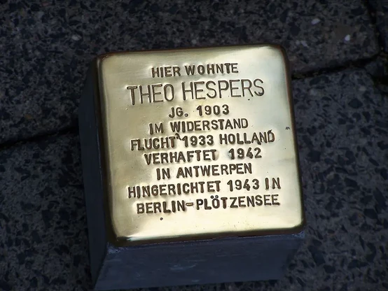 The image features a brass plaque or stolperstein (stumbling stone) commemorating an individual named Theo Hespers. The inscription includes his birth year (1903), mentions his resistance activities, his flight to Holland in 1933, his imprisonment in 1942, and that he was executed in 1943 in Berlin-Plötzensee. These plaques are often placed in front of buildings where victims of the Holocaust once lived.

Image Credits: Wikimedia / Klaus-Dieter Machynia / CC BY-SA 3.0