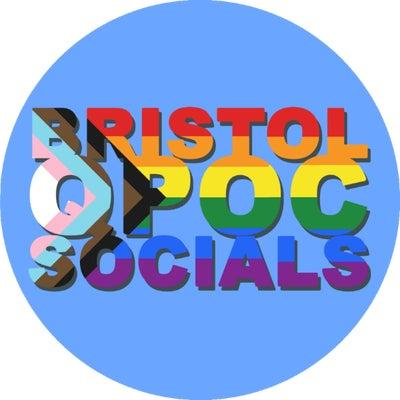 Text in the colours of the pride progress flag says Bristol QPOC socials