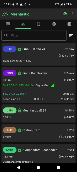 A screenshot of the Meshtasic Android application showing a few noedes. My portable node, the first one in the list, can receive the second node which is at home.

The three other nodes are not in range.