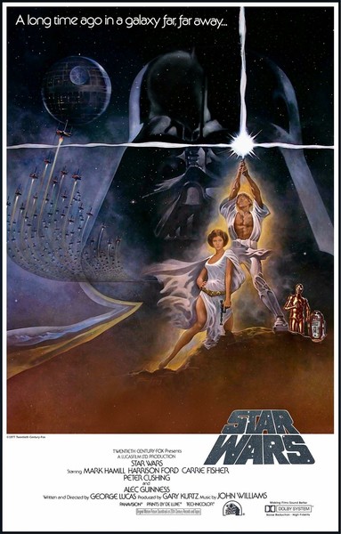 The original one-sheet promotional poster for Star Wars (A New Hope) released on May 25, 1977. The illustration features Luke Skywalker wielding a lightsaber with Princess Leia at his side holding a blaster pistol. Behind them are the two droids, C-3PO and R2-D2 and X-Wing star fighters launching in the sky while the profile of Darth Vader ominously looms in the background along with the Death Star space station.