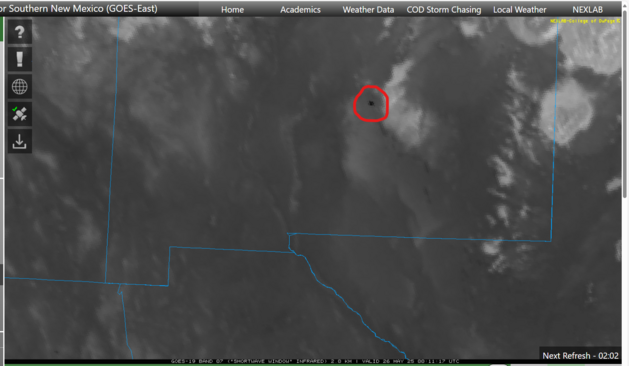 This infrared weather satellite image shows a black (hot) spot of the Camp Fire in New Mexico