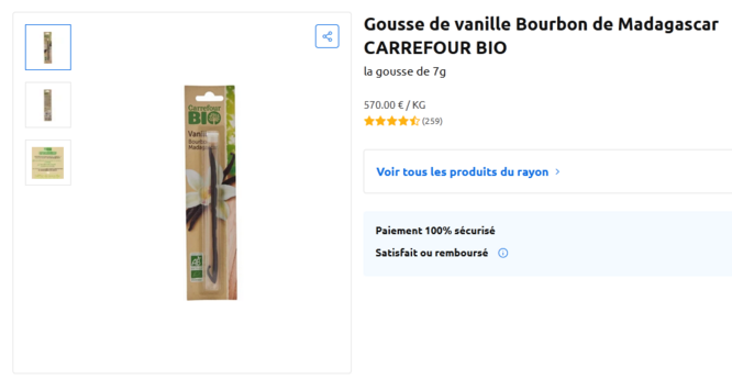 Gousse de vanille Bourbon de Madagascar CARREFOUR BIO

la gousse de 7g

570.00 € / KG