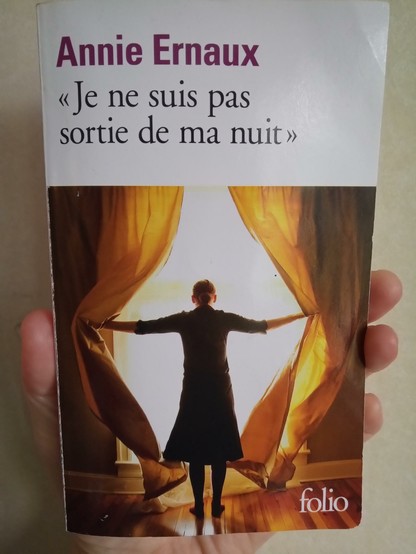 Book with the French title Je ne suis pas sortie de ma nuit by Annie Ernaux. Coverpicture is a photo of a woman with her back to the camera, she stands facing a large window, arms stretched out, drawing two yellow curtains aside.