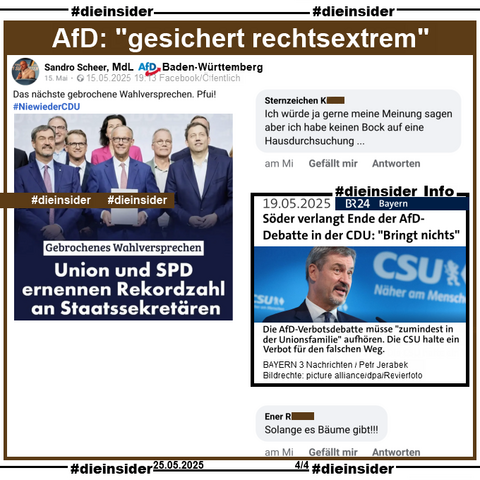 Sandro Scheer MdL AfD Baden-Württemberg postet am 15.05.2025 ein Bild mit u.a. Markus Söder, Friedrich Merz und Lars Klingbeil, auf dem "Gebrochenes Wahlversprechen: Union und SPD ernennen Rekordzahl an Staatssekräteren." steht.

Wir zeigen neben unserer Info, dem Bericht des BR vom 19.05.2025 "Söder verlangt Ende der AfD-Debatte in der CDU: Bringt nichts." und "Die AfD-Verbotsdebatte müsse zumindest in der Unionsfamilie aufhören. Die CSU halte ein Verbot für den falschen Weg." 

u.a. die zwei Kommentare 
"Ich würde ja gerne meine Meinung sagen aber ich habe keinen Bock auf eine Hausdurchsuchung..." und "Solange es Baume gibt!!!"