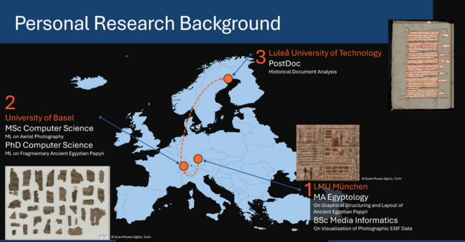 A graphic representing my personal research background. In the back, there is a map of Europe. Three stations are marked, each one with some additional information. The first is Munich in Germany, where I did my MA in Egyptology and a BSc in Media Informatics, both at the LMU Munich. The next station is Basel, Switzerland, where I did a MSc in Computer Science as well as a PhD in Computer Science (but while working on ancient Egyptian material). The last stop (for now) is Luleå in Sweden, far in the north, where I am now doing a PostDoc in the field of Historical Document Analysis.