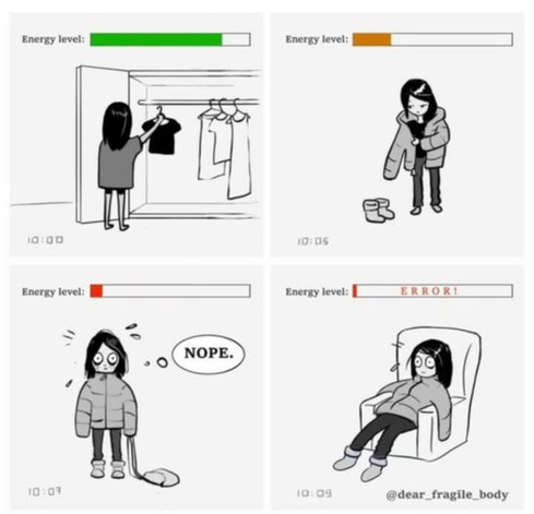 1st panel - girl picking out a shirt [energy level is pretty high and still in green]

2nd - panel - girl picking out her boots and put her coat on [energy is depleting - almost all gone and is orange]

3rd panel - she has her purse now and she's panicking 'nope.' [energy level is severely low and is red]

4th panel - she is sitting back in a cheer and her energy level is pretty much gone and says ERROR!

@dear_fragile_body