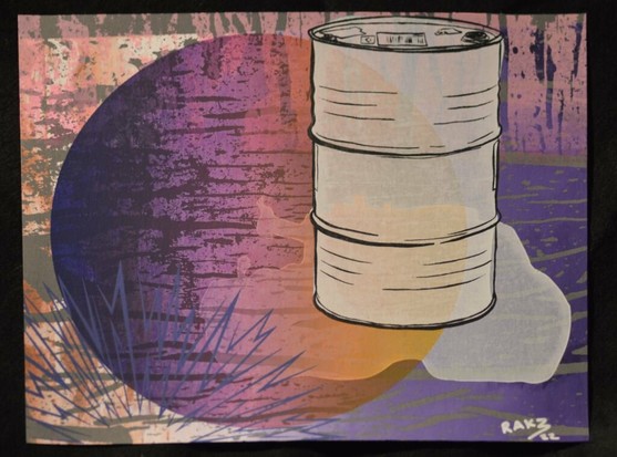 A multi-layered screen print with lots of purple, pink and orange on dark grey paper. The white shape of a broken tank can be faintly recognised in the background.  There is an explosion-like shape in the bottom left-hand corner and a white barrel in the foreground.