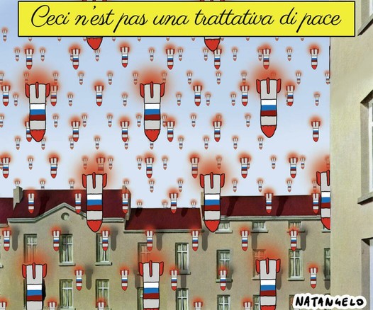 Nel disegno, la celebre opera di Magritte "Golconda" con una serie di missili che stanno cadendo verso il basso al posto delle originarie figure ritratte dal pittore belga.
In alto capeggia la frase: "Ceci n'est pas una trattativa di pace".