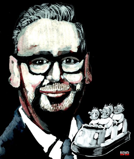 Portrait des AfD-Politikers Sebastien Münzenmaier . Davor ein Geisterbahnwagen mit vier, sehr erschrockenen Fahrgästen.