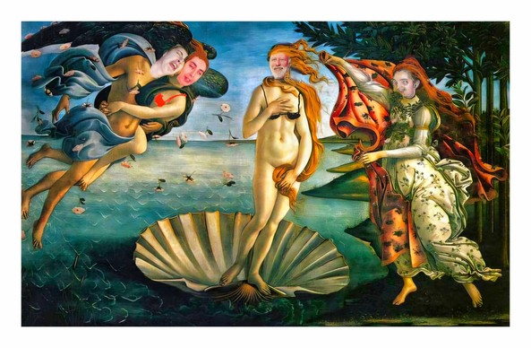This photo is a badly done digital manipulation of Sandro Botticelli's "The Birth of Venus." The faces of the figures in the painting have been replaced with photographs of mine and my partner's. His smiling head is on Venus' body in the centre. He is bald and white. Mine are of the winds to the left and one of the graces on the right. My faces are all contorted into the ugliest ones I can make.