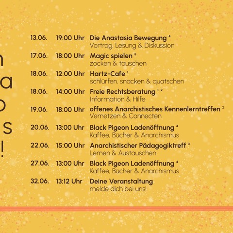 Sharepic 3

Das monatliche Sharepic von Anarchismus in Dortmund für den Monat Juni. Der Hintergrund ist beige. Auf dem Sharepic stehen 9 Termine.