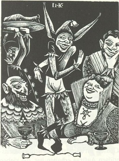 Black and white print of 'a fool' standing on a banquet table with bells on his shoes, making a performance. Revelers are seated and standing around laughing. A servant passes in the background with a plate with a large piece of meat on top.