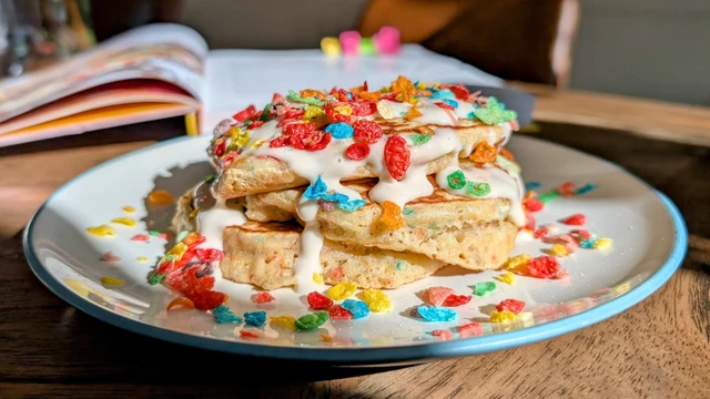 Pancakes with Fruity Pebbles sprinkled on top.