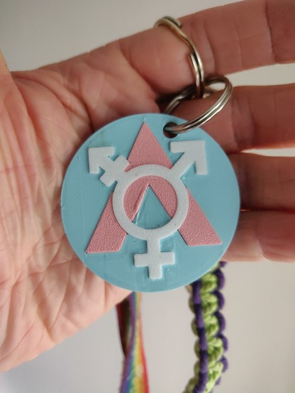 A photo of a hand holding a keyring. It consists of a light blue disk, about 50 mm across, with a stylised pink A on it. Over the A is a white trans symbol.

Behind the hand, slightly out of focus, hangs a rainbow key band and a green and purple square knot chain keyring.