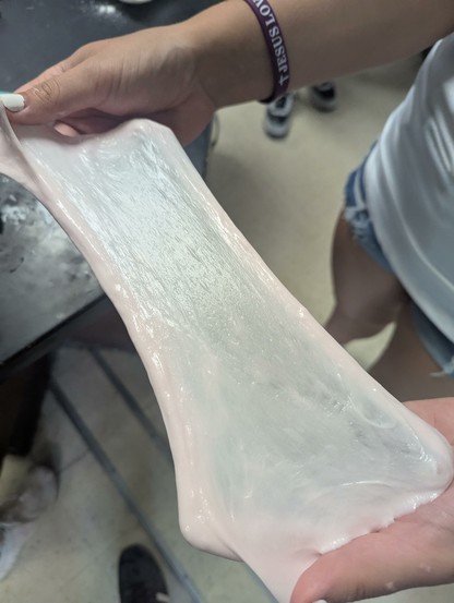 A student stretching a white glue and borax slime sample.